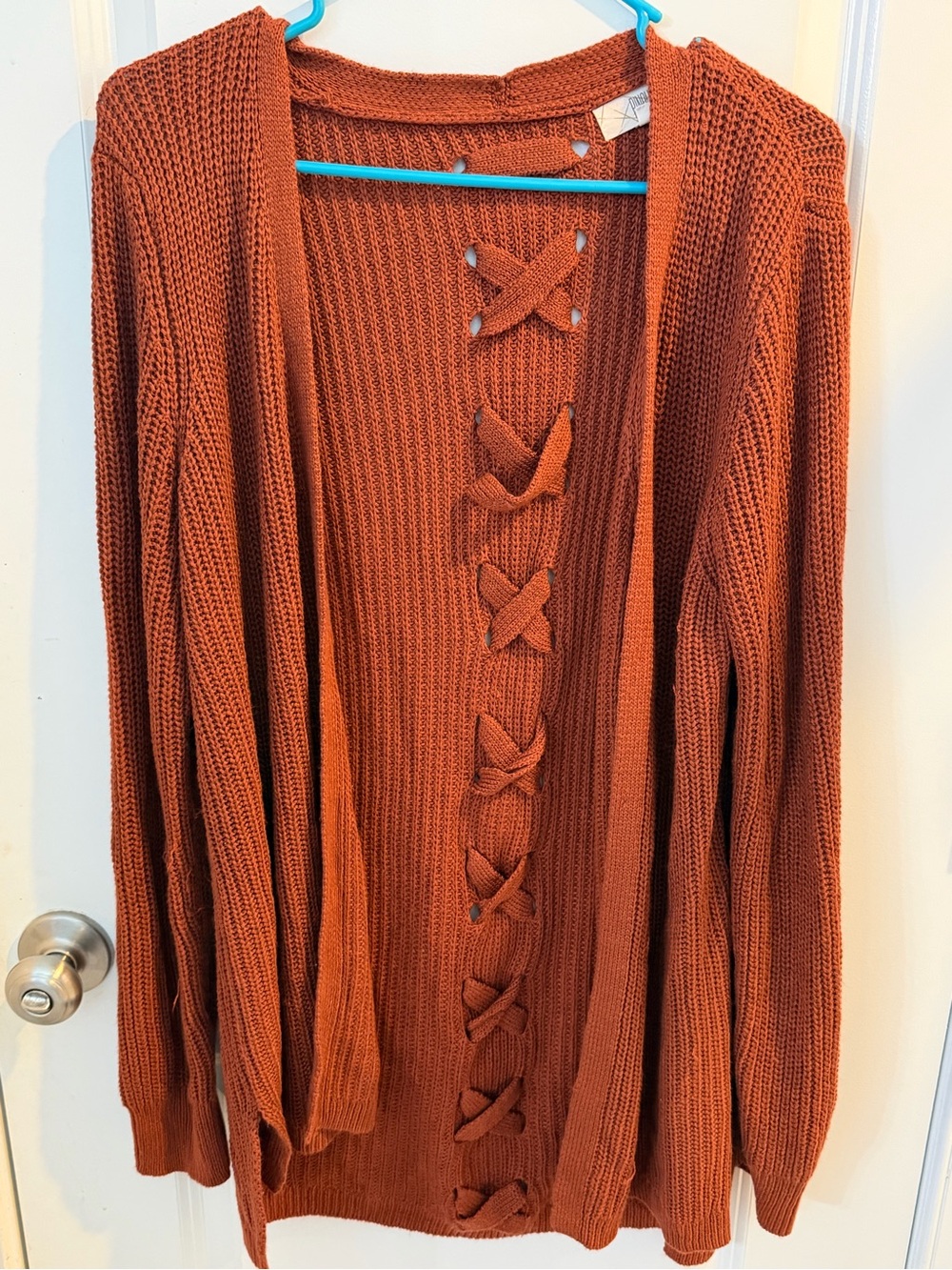 Phenix Rust Open-Front Knit Cardigan with Lace-Up Back Detail